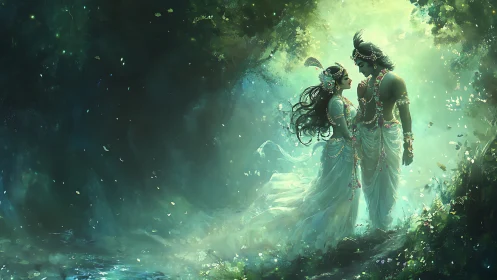 Divine couple in glowing forest clearing, soft teal light.