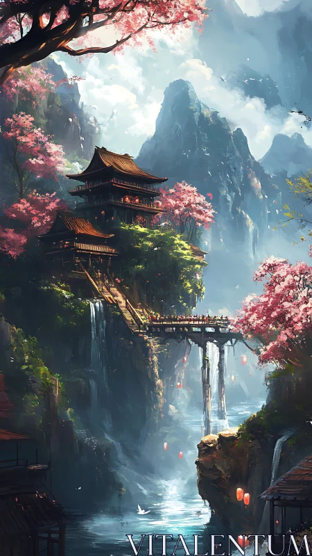 Mountain bridge retreat wrapped in drifting cherry blossom light.