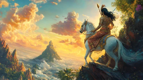 Mounted warrior observes distant mountain over cloud valley