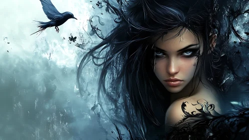 Dark haired woman with crow in icy abstract scene.