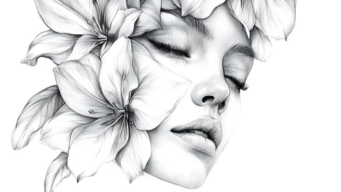 Female face merges with magnolia blossoms in pencil