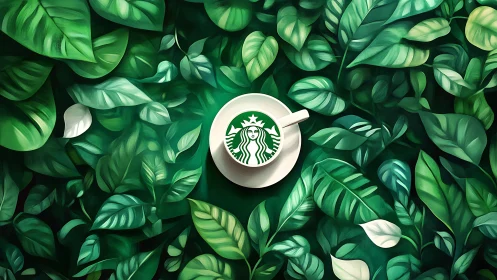 Leafy latte sanctuary with rainforest-wrapped coffee cup.