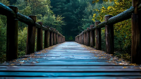 Wooden forest footbridge in deep perspective composition.