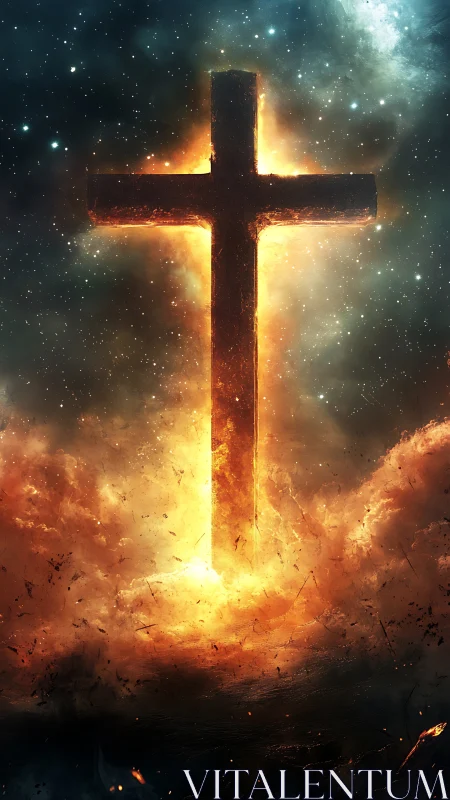 Luminous cruciform monolith emerging through stellar plasma.