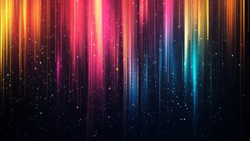 Vertical multicolor light streaks descend over dark star field