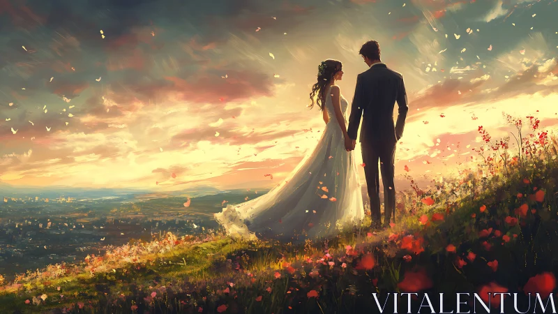 Bride and Groom Stand in Sunlit Meadow with Dramatic Sky