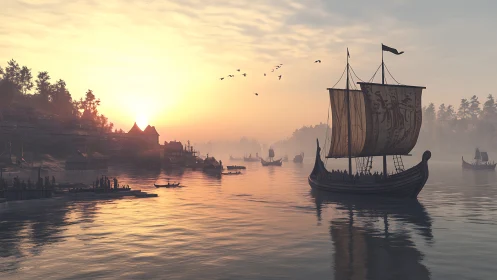 Viking longships traverse a misty coastal inlet at sunrise