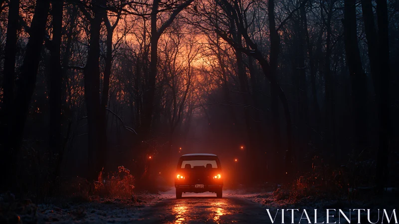 Car headlights cutting through dark winter forest dusk.