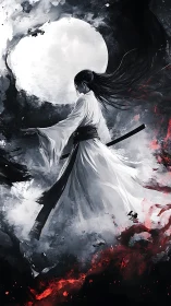 Moonlit warrior drifts through swirling smoke and embers