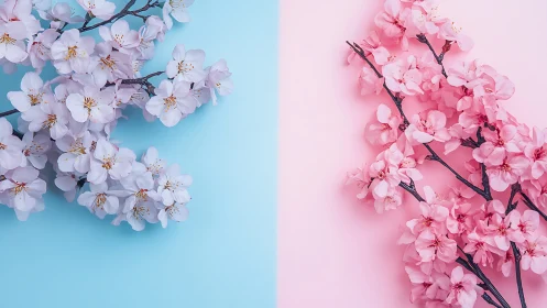 Split-composition floral still life with white and pink flowering branches.