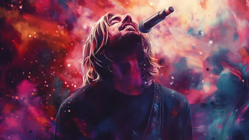 Singer lost in glowing colorful clouds of live music.