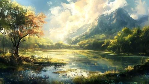 Luminous mountain lake under dramatic golden sky at dawn.