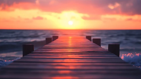Sunlit wooden pier leads into a tranquil ocean horizon.