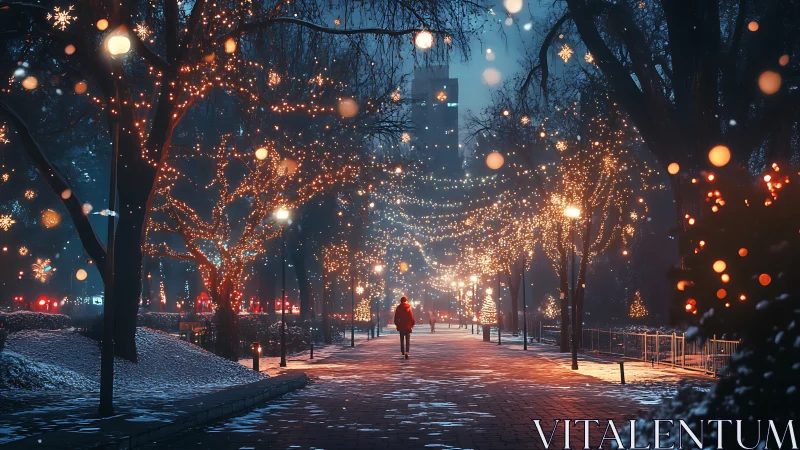 Winter city park pathway glows under dense festive bokeh lights
