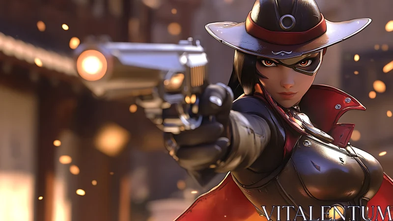 Masked pistol-wielding cowgirl in dynamic close-up action.
