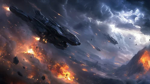 Massive spacecraft descends through fiery atmospheric chaos.