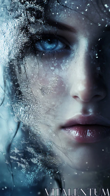 Frozen blue-eyed portrait with crystalline ice textures.