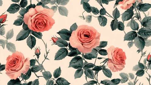 Coral Roses with Dark Foliage in Classical Botanical Composition