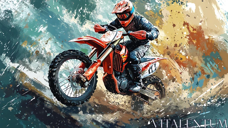 Motocross rider powers red dirt bike through explosive spray