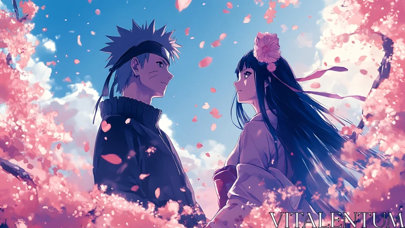 Anime couple stands amid cherry blossoms under luminous sky