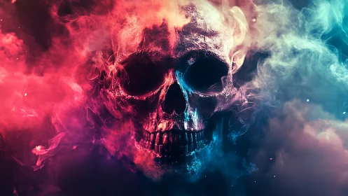 Human skull rendered in neon smoke with high contrast lighting