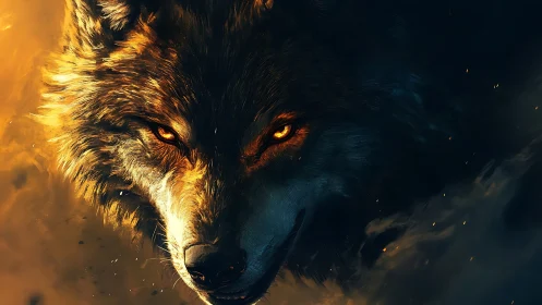 Luminous ember-eyed wolf portrait rendered in cinematic digital painting