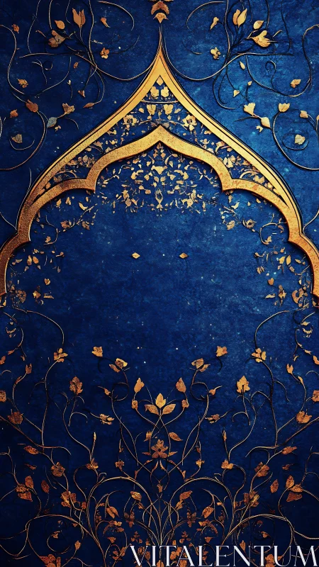 Ornate golden arch frames deep blue floral tapestry background.
