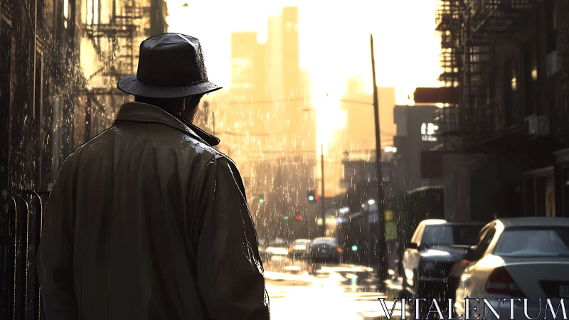Rain-soaked city street welcomes a lone reflective wanderer