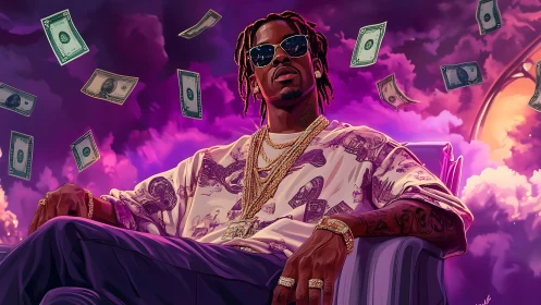 Rap artist sits in neon clouds with floating dollar bills