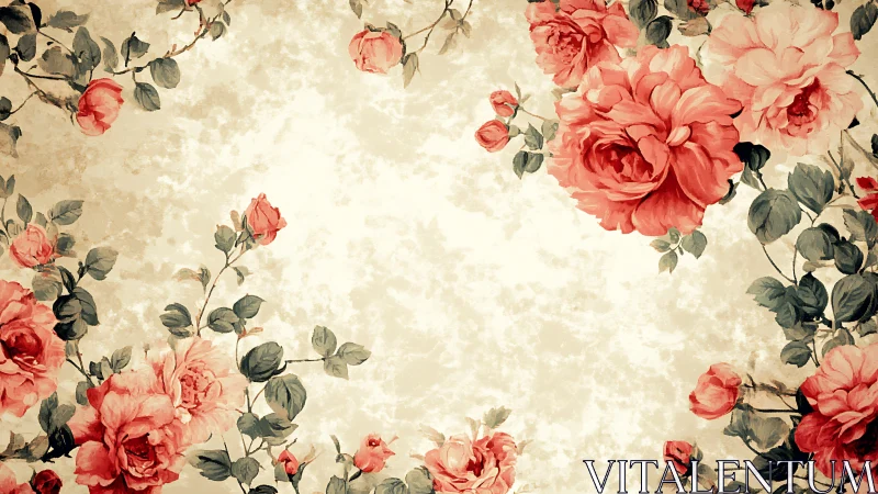 Vintage floral border with desaturated roses on mottled paper ground