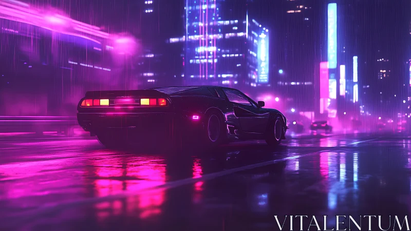 Neon rain racer drifting through violet cyber city nights.