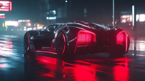 Neon soaked supercar idles in a rain washed night street.