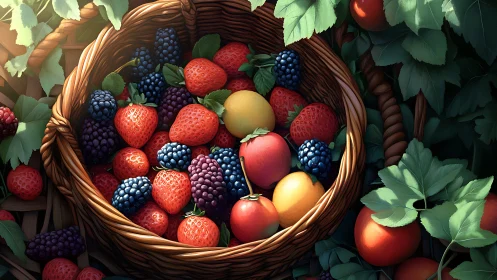 Sunlit wicker basket holds hyperreal mixed berries and stone fruits
