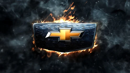 Metallic gold cross emblem in fiery smoke-rendered space.