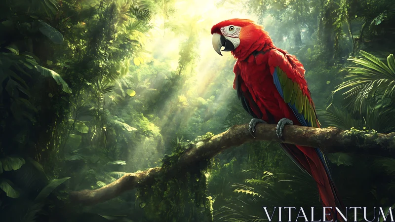Scarlet macaw on branch in dense tropical rainforest light.