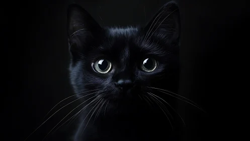 Black Cat with Luminous Eyes Against Dark Background.
