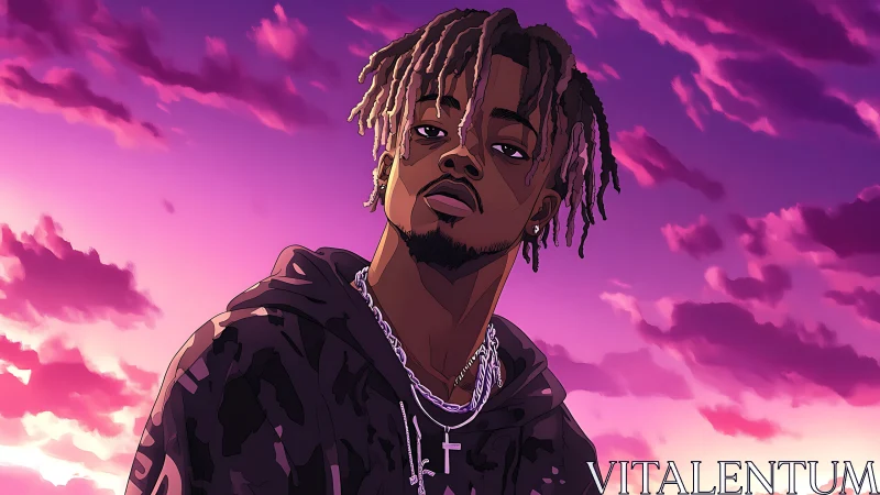 Cel-shaded portrait of hooded man under magenta gradient sky