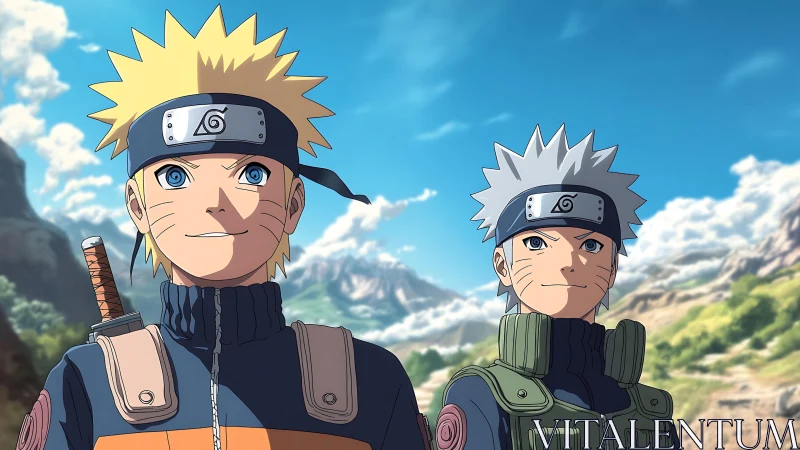 Anime ninjas stand proudly beneath a bright mountain sky.