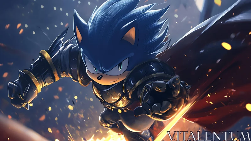 Armored blue hedgehog hero charges through fiery battle