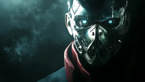 Cyborg figure wears metallic mask with glowing blue eyes