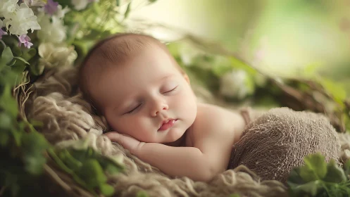 Peaceful Newborn Sleeps Soundly in Enchanted Garden Setting