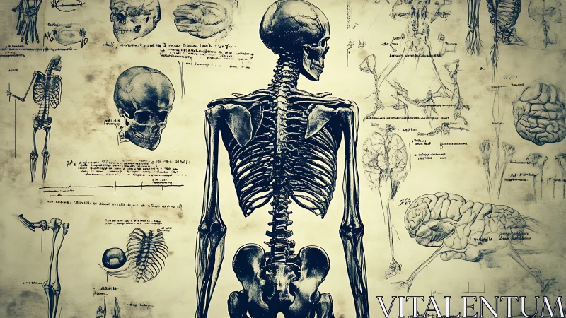 Vintage anatomical skeleton study with brain diagrams.