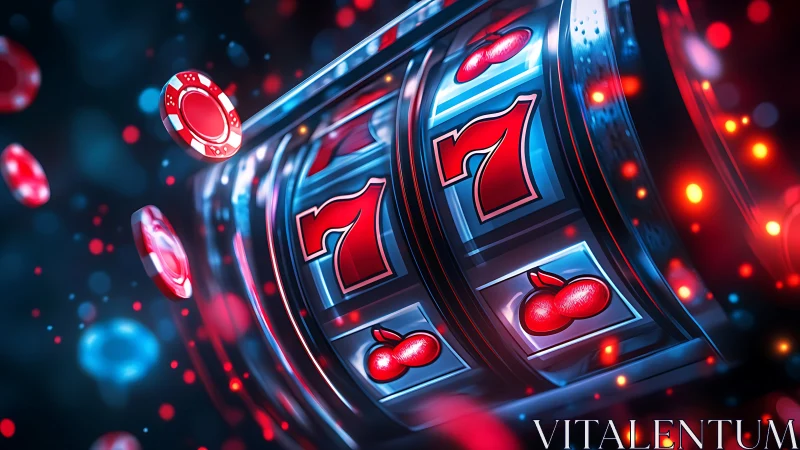 Neon-lit slot machine reels with vivid sevens and tokens.