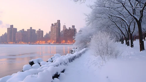 Snow-covered riverside park borders a winter city skyline
