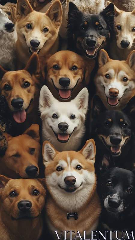 Multiple dogs are arranged in a tightly framed vertical portrait