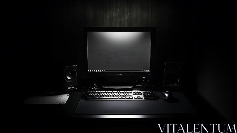Calm computer desk glowing softly in a dark quiet room.