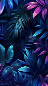 Midnight neon jungle leaves glowing in quiet color.