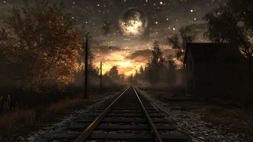 Railroad tracks lead into fog under oversized moonlit sky