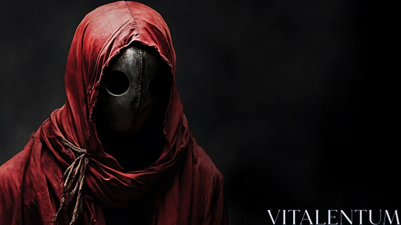 Hooded plague-style mask figure emerges from deep shadows