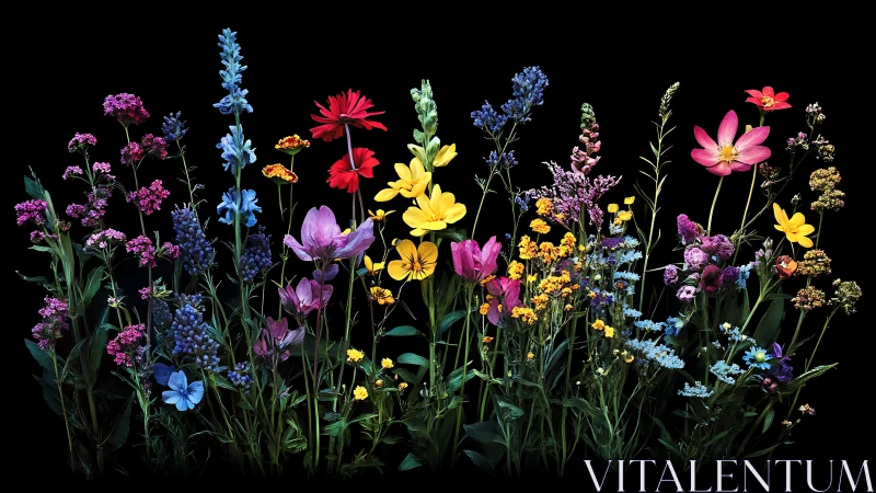 Arranged Wildflower Specimen Collection Against Black Background Study